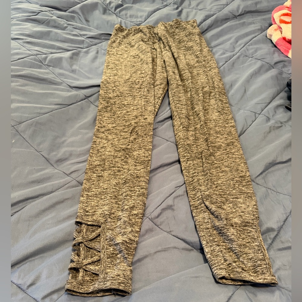 No Boundaries Gray Marled Leggings with Crisscross Detail